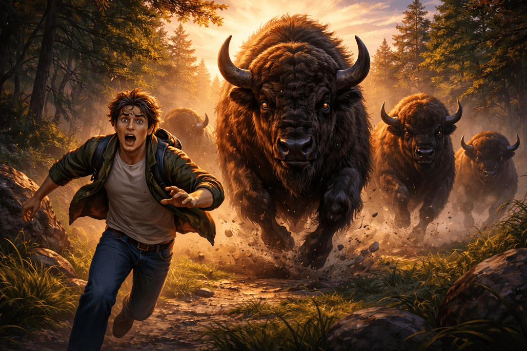 광활한 초원에서 거대한 바이슨이 사람을 향해 달려오는 긴장감 넘치는 상징적 장면