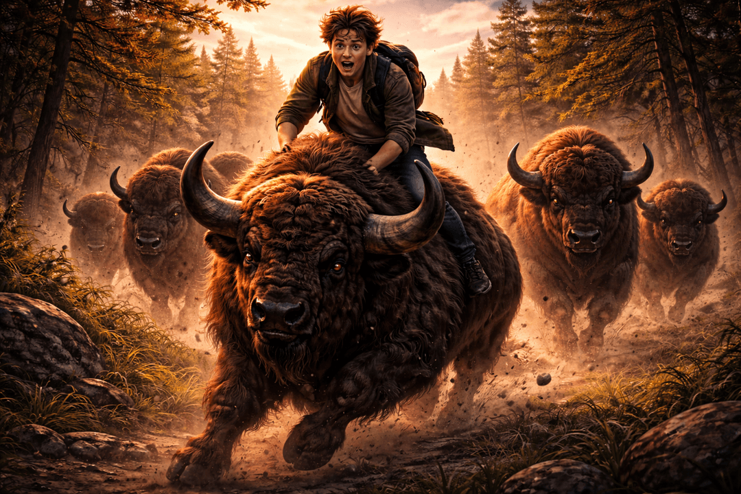 광활한 초원에서 사람이 거대한 바이슨을 타고 나아가는 장엄하고 상징적인 장면