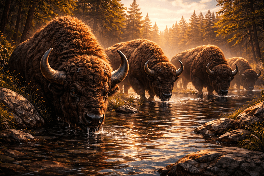 잔잔한 물가에서 거대한 바이슨이 고개를 숙여 물을 마시는 평온하고 상징적인 장면