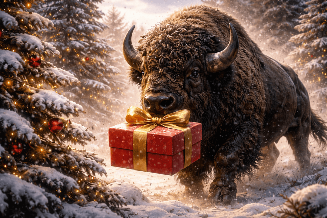 넓은 초원에서 바이슨이 사람에게 선물 상자를 건네는 상징적 장면으로 신뢰와 보상을 표현한 이미지