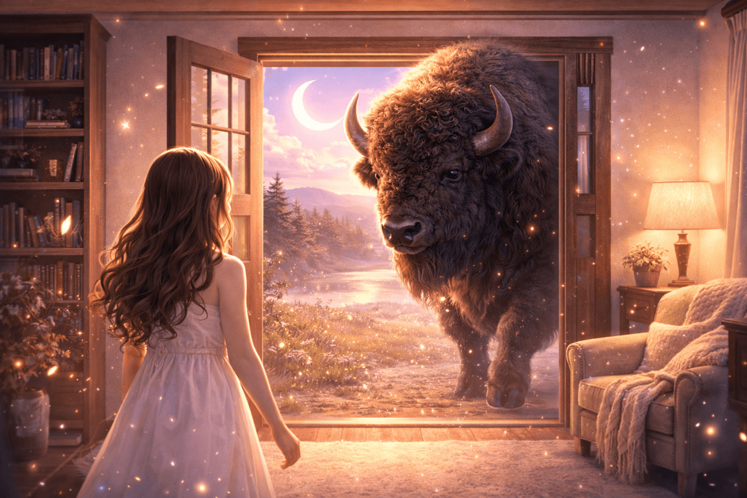 집 안으로 들어오는 거대한 바이슨을 바라보는 긴장감 있고 상징적인 장면