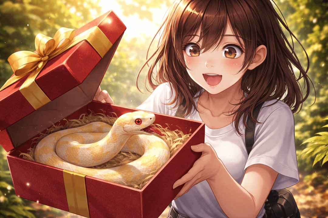상자나 손 위에 놓인 뱀을 선물처럼 받는 상징적 장면