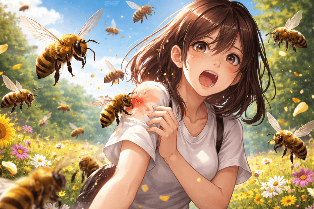 손이나 팔에 벌이 쏘아 따끔거리는 순간을 표현한 상징적 이미지