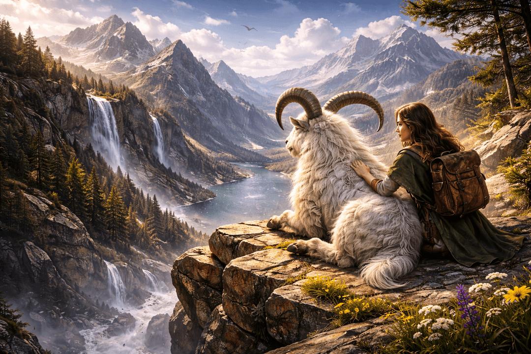 깎아지른 절벽 위에서 산양과 사람이 함께 서 있는 모습을 상징적으로 표현한 이미지