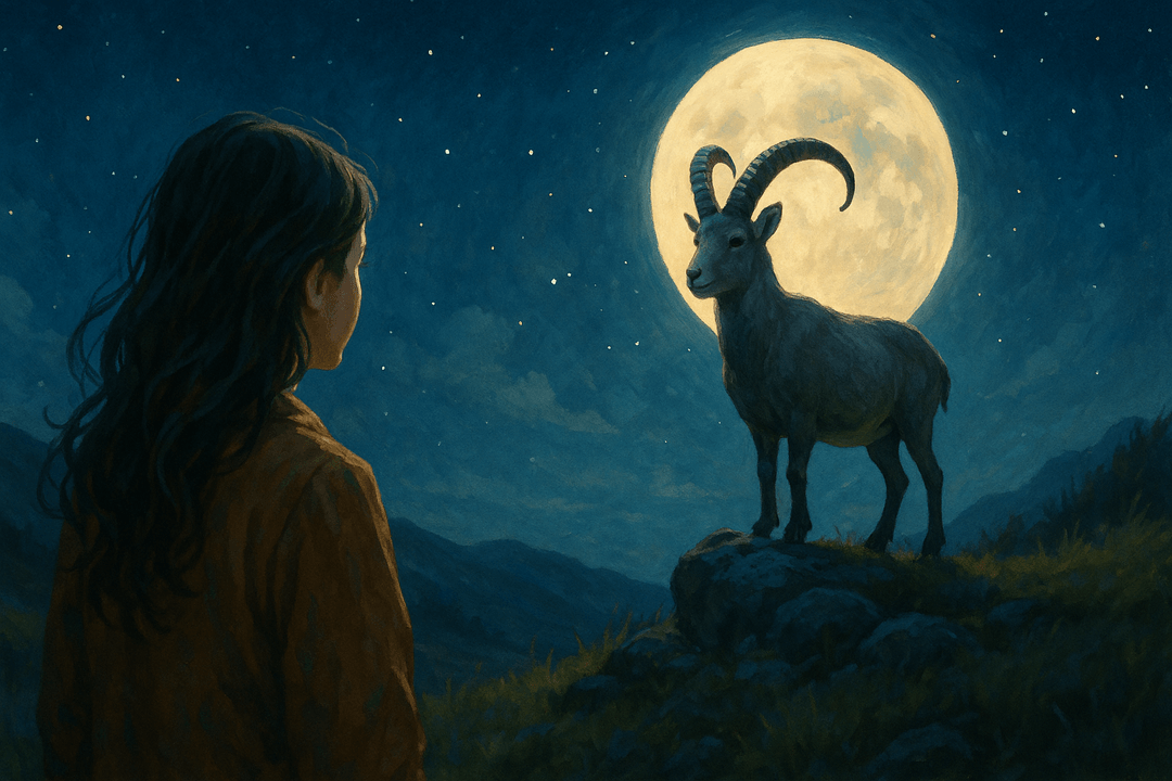 바위 위에서 아래를 내려다보는 산양의 상징적인 모습