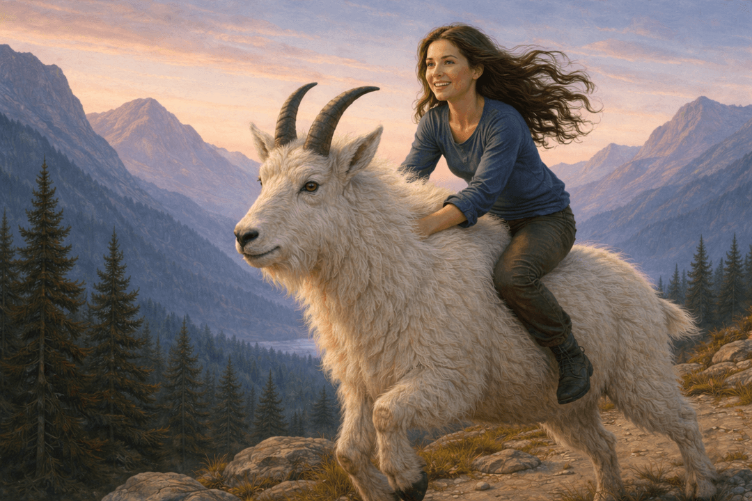 험준한 산길에서 산양을 타고 이동하는 장면을 상징적으로 표현한 이미지