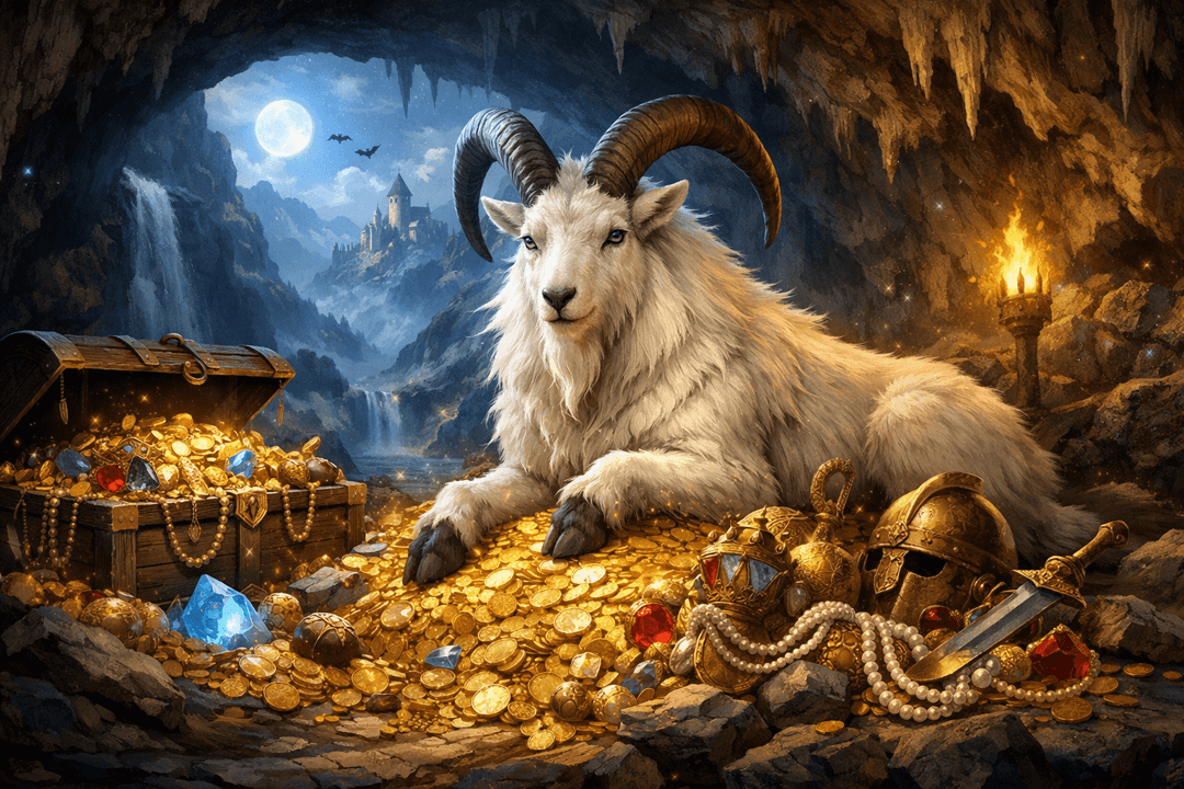 산속에서 산양이 보물 상자를 지키고 있는 모습을 상징적으로 표현한 이미지