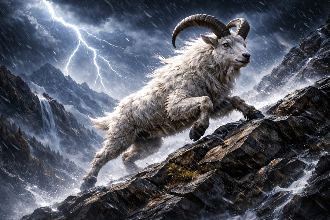 거센 폭풍 속에서도 절벽 위에 서 있는 산양의 모습을 상징적으로 표현한 이미지