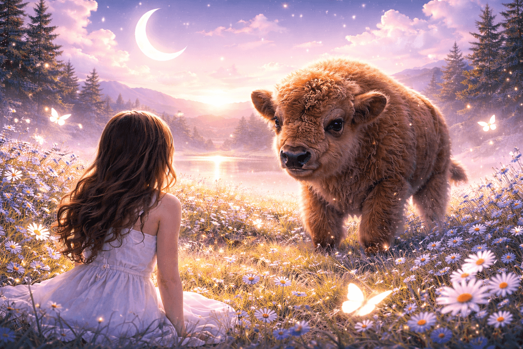 넓은 초원에서 어미 곁에 있는 새끼 바이슨을 따뜻하게 바라보는 상징적 이미지