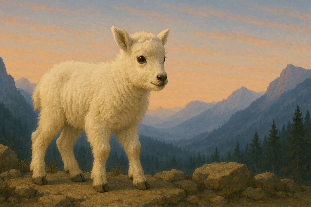 어린 새끼 산양이 바위 근처에서 조심스럽게 서 있는 상징적인 장면