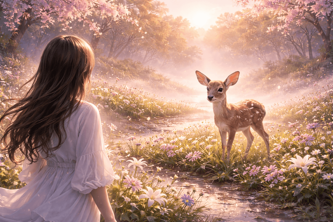 초원 위에서 어미 곁에 서 있는 작은 새끼 영양을 바라보는 상징적 이미지