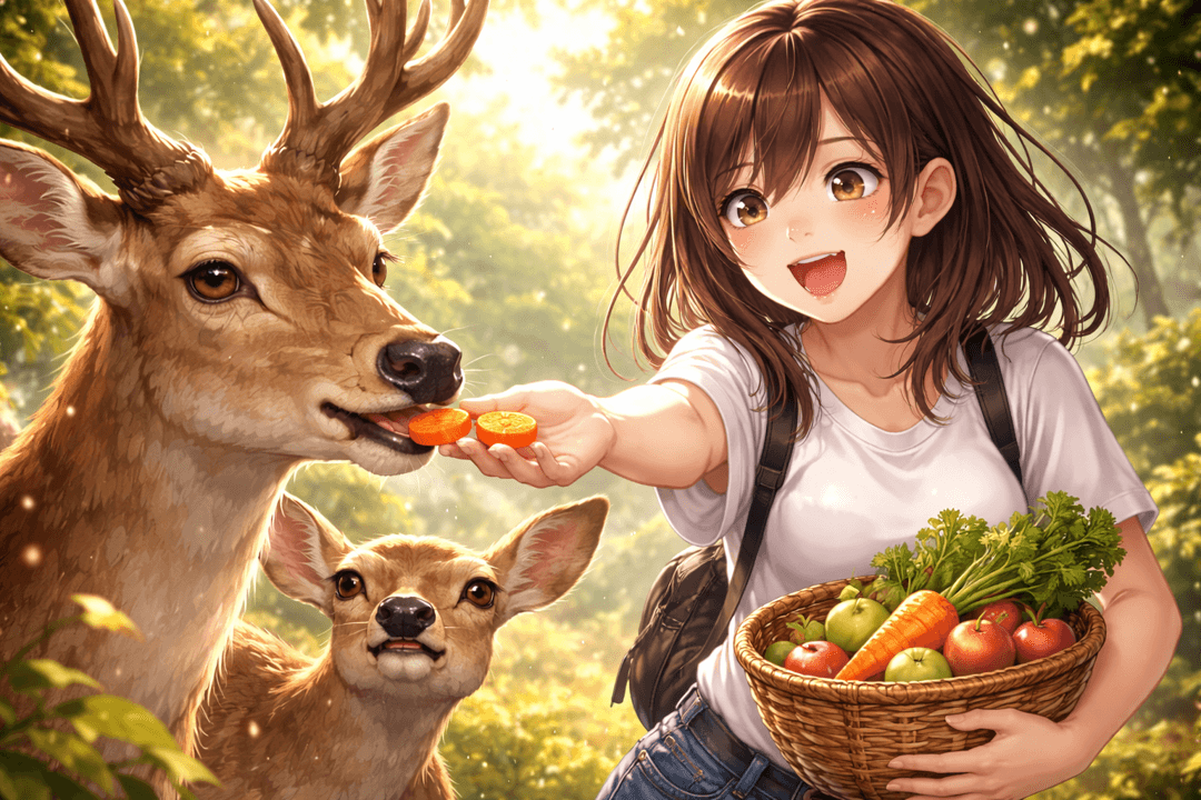 초원에서 영양에게 풀을 건네며 먹이를 주는 상징적 장면