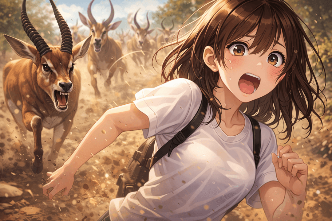 초원에서 영양이 사람을 향해 달려오며 긴장감을 주는 상징적 장면