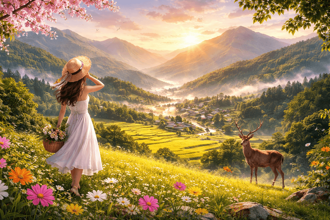 숲 가장자리에서 조용히 서 있는 영양을 바라보는 상징적 이미지