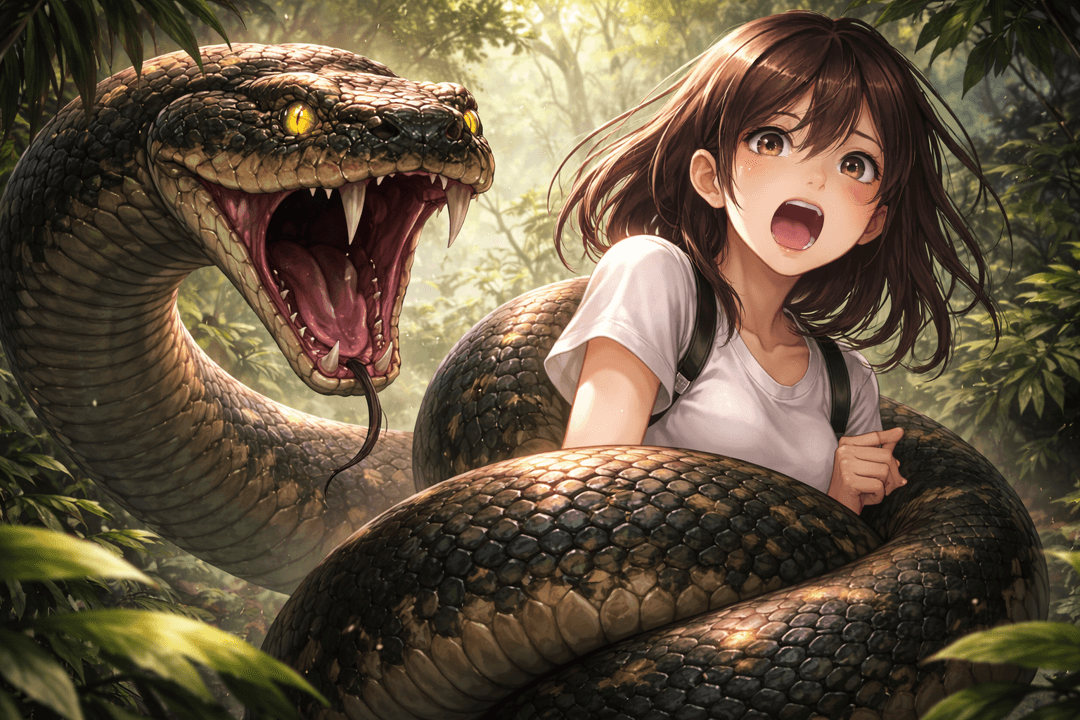 어두운 숲이나 바위 위에서 거대한 뱀이 모습을 드러내는 상징적 장면