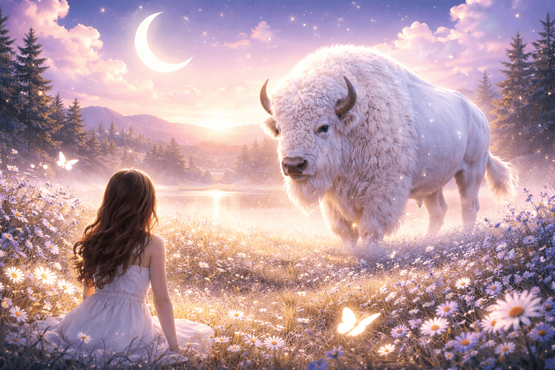 하얀 털을 가진 흰 바이슨이 넓은 초원에 서 있는 신비롭고 상징적인 이미지