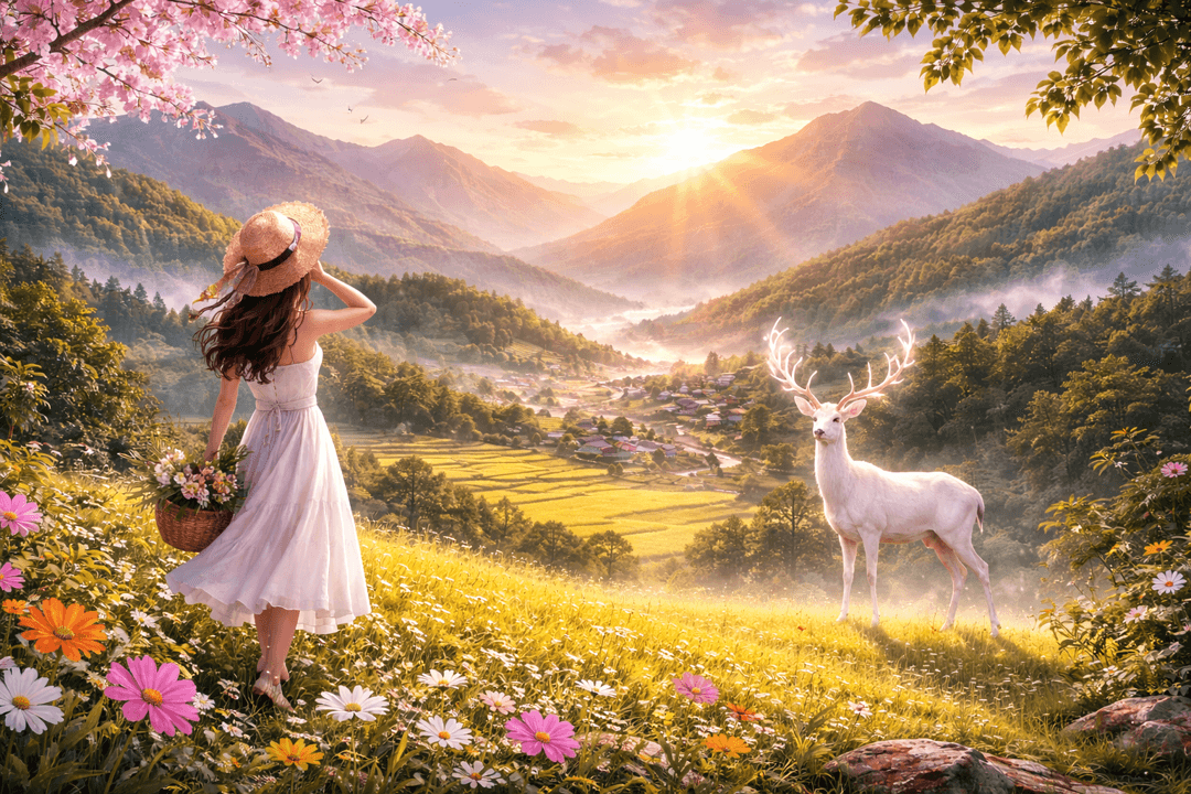 눈처럼 흰 빛을 띤 영양이 숲 가장자리에서 고요히 서 있는 상징적 이미지