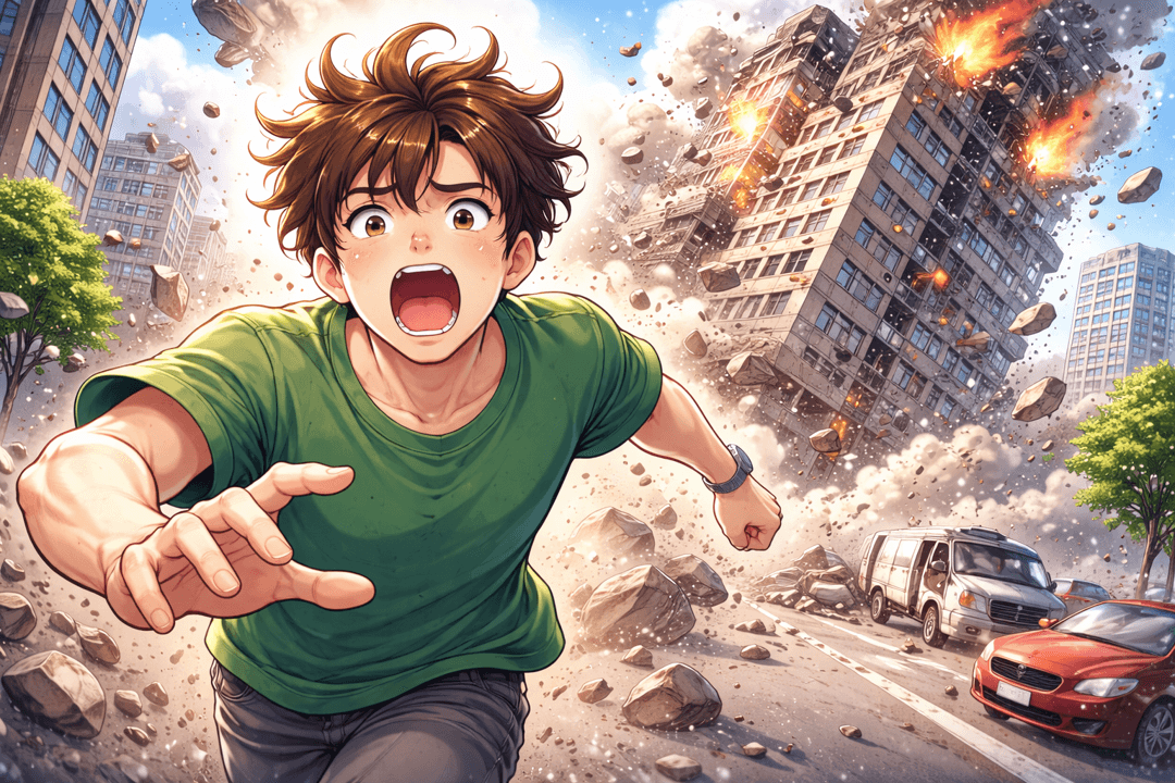 거대한 건물이 붕괴되며 기존 구조가 해체되는 변화를 상징적으로 표현한 이미지