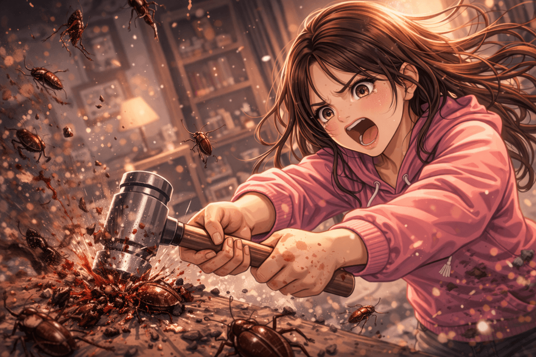 작은 벌레를 제거하며 불쾌한 요소를 정리하는 상징적 장면