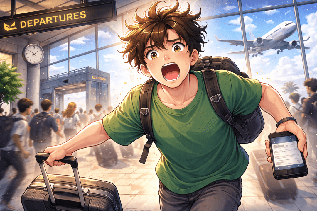 공항에서 이륙하는 비행기를 놓쳐 당황하는 심리 상태를 상징적으로 표현한 이미지