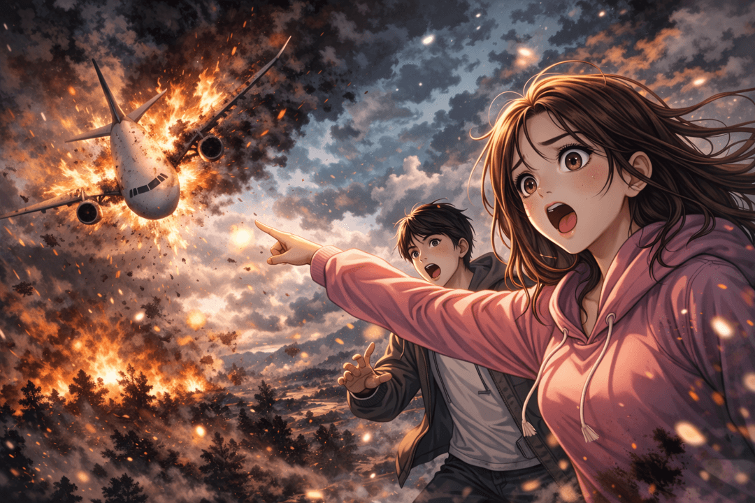 하늘에서 비행기가 추락하는 장면을 멀리서 바라보는 충격적인 상징적 이미지