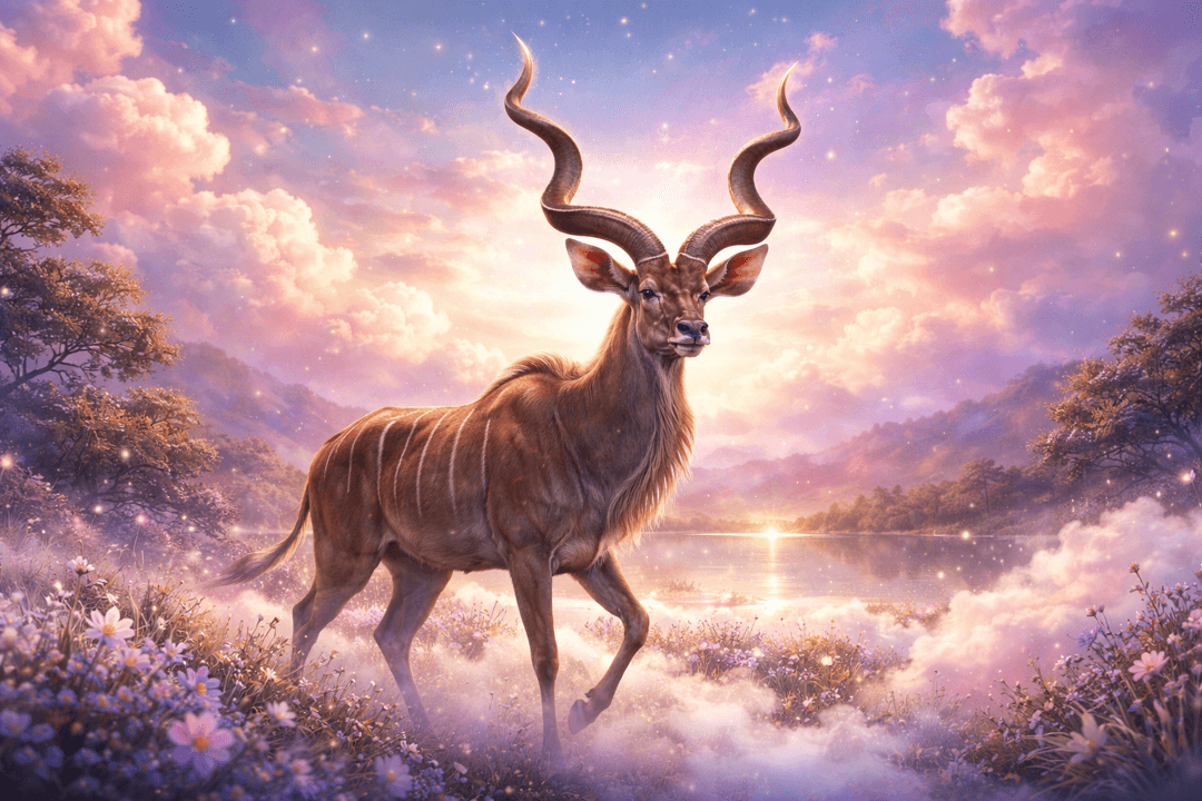 커다란 뿔을 가진 영양이 당당하게 서 있는 모습으로 힘과 권위를 상징하는 이미지