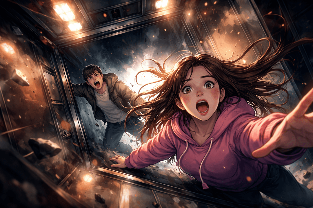 고층 건물 엘리베이터가 아래로 떨어지며 공포와 불안을 상징하는 장면