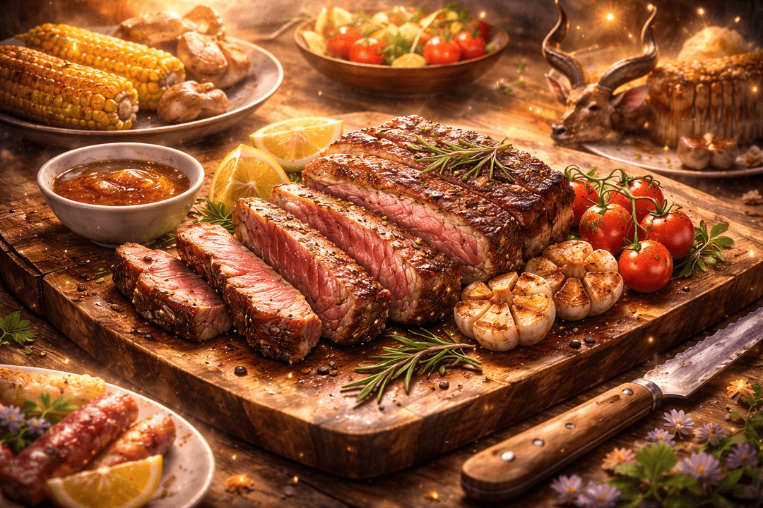 영양 고기를 먹으며 생존 에너지와 현실적 이익을 흡수하는 의미를 상징한 이미지