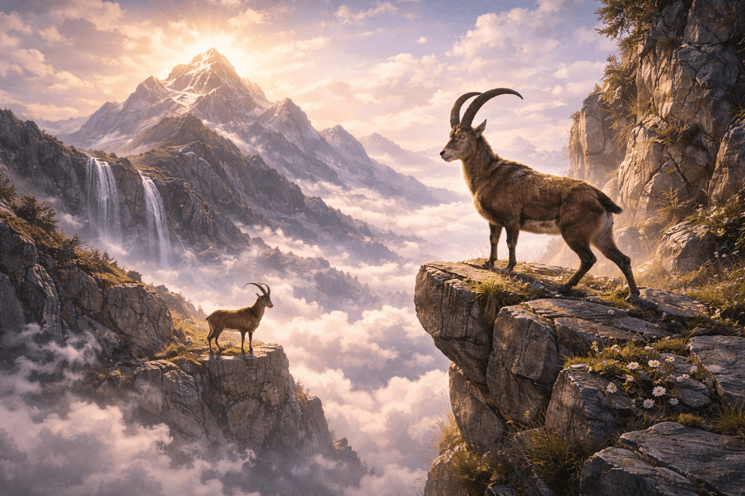 가파른 절벽 끝에 서서 아래를 내려다보는 영양의 모습이 선택의 압박과 불안정한 균형을 상징하는 이미지