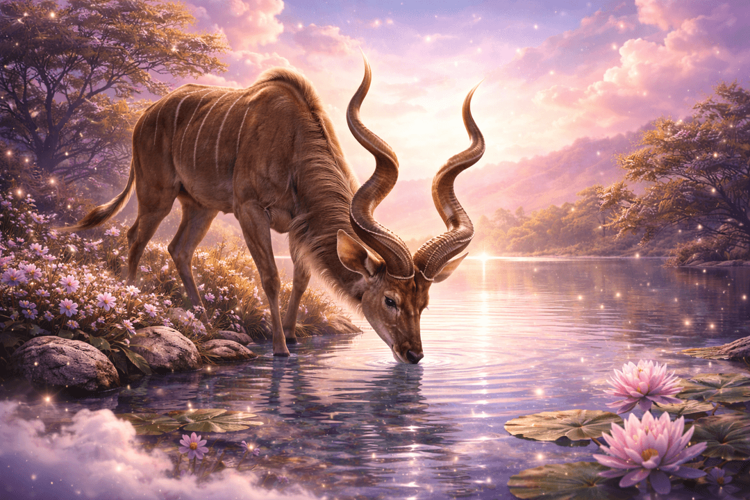 맑은 물가에서 영양이 고요하게 물을 마시며 회복과 안정을 상징하는 이미지