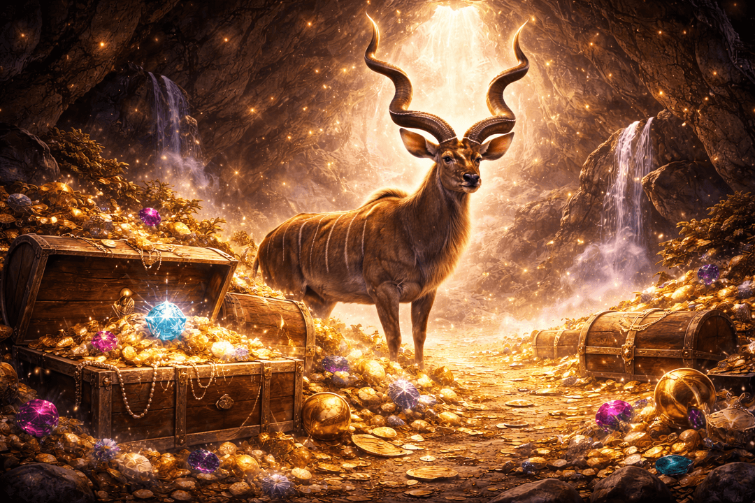 영양이 보물 앞을 지키며 경계하고 있는 모습으로 잠재된 가치와 기회를 상징하는 이미지