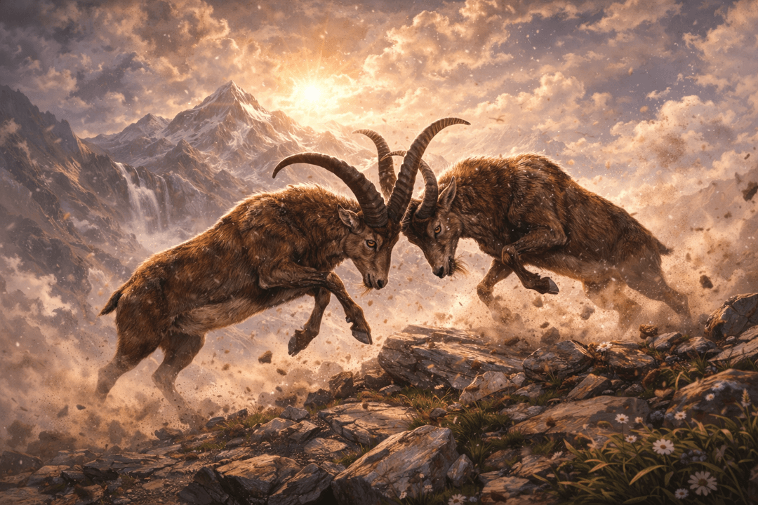 두 마리의 영양이 뿔을 맞대고 싸우며 영역과 주도권을 다투는 상징적 이미지