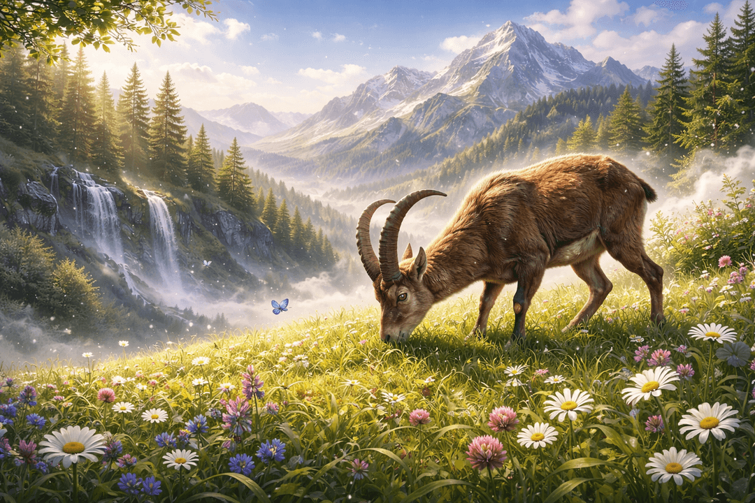 평온한 초원에서 영양이 풀을 뜯으며 에너지를 회복하는 모습을 담은 이미지