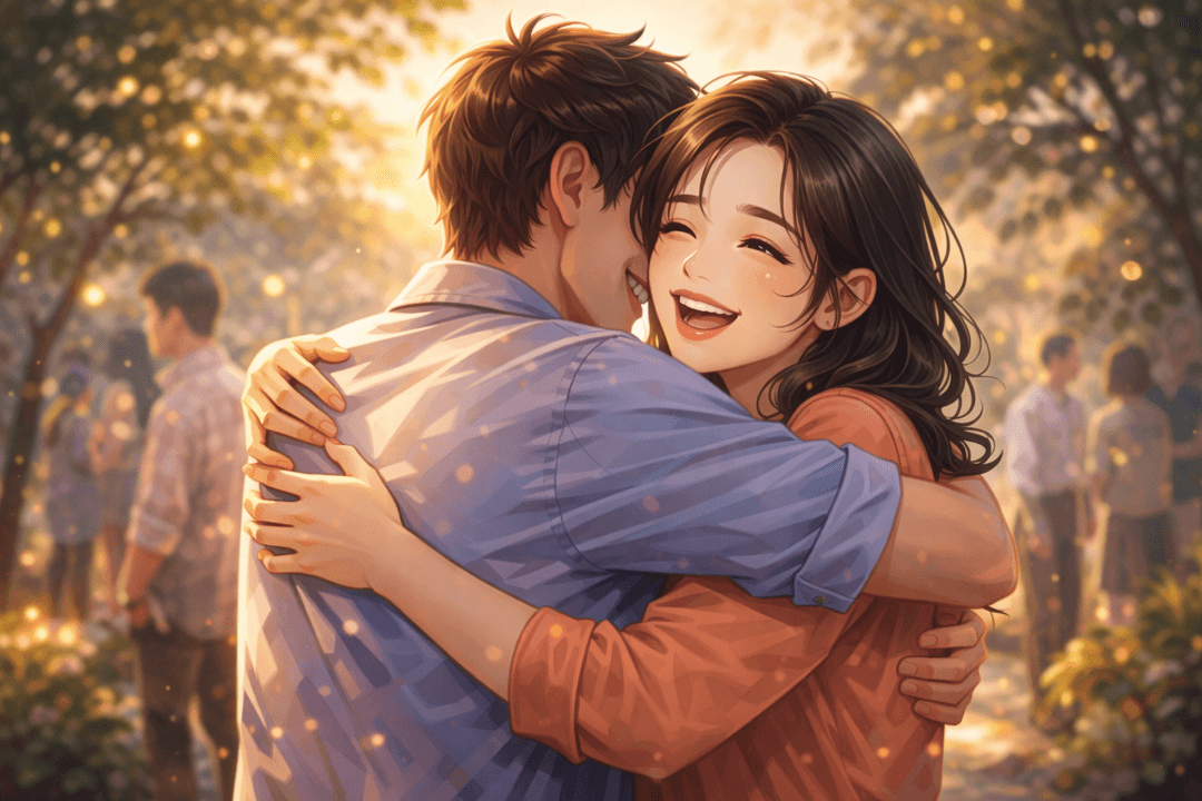 오래된 지인을 다시 만나 과거와 현재가 연결되는 상징적인 장면