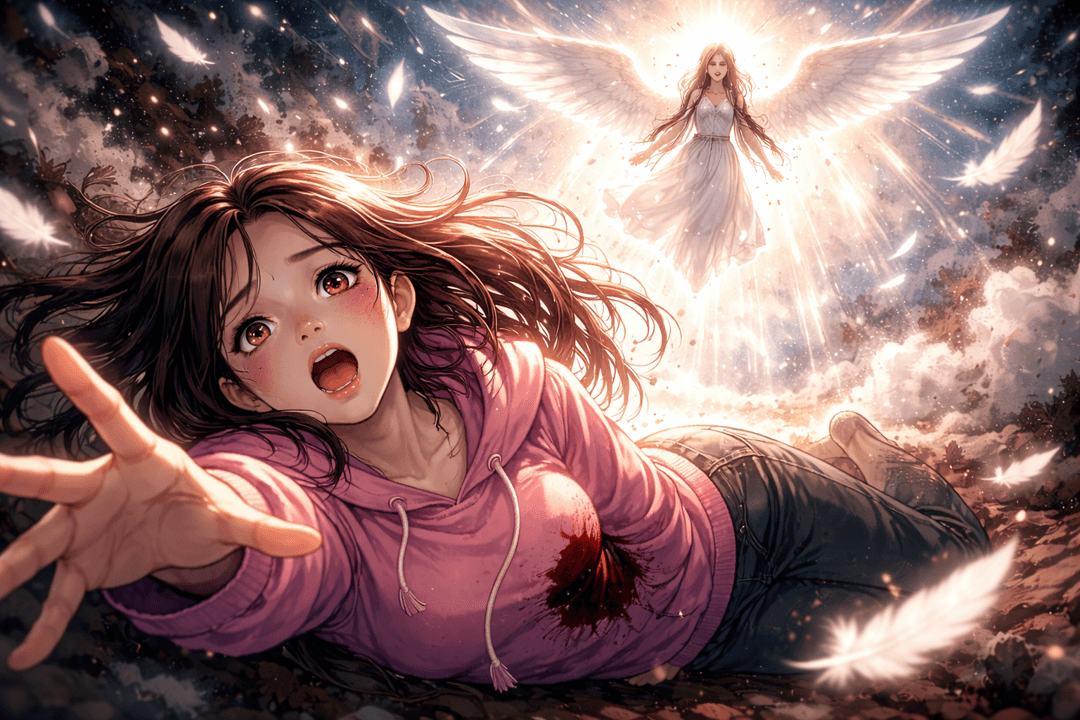 어두운 공간에서 빛을 향해 나아가는 상징적 장면으로 죽음과 재탄생을 표현한 이미지