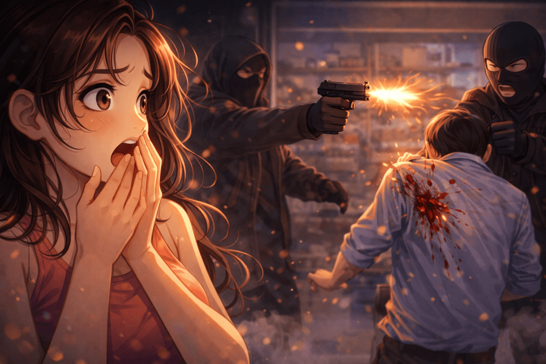 어두운 공간에서 총기 사건이 발생하는 장면을 멀리서 목격하는 상징적 이미지