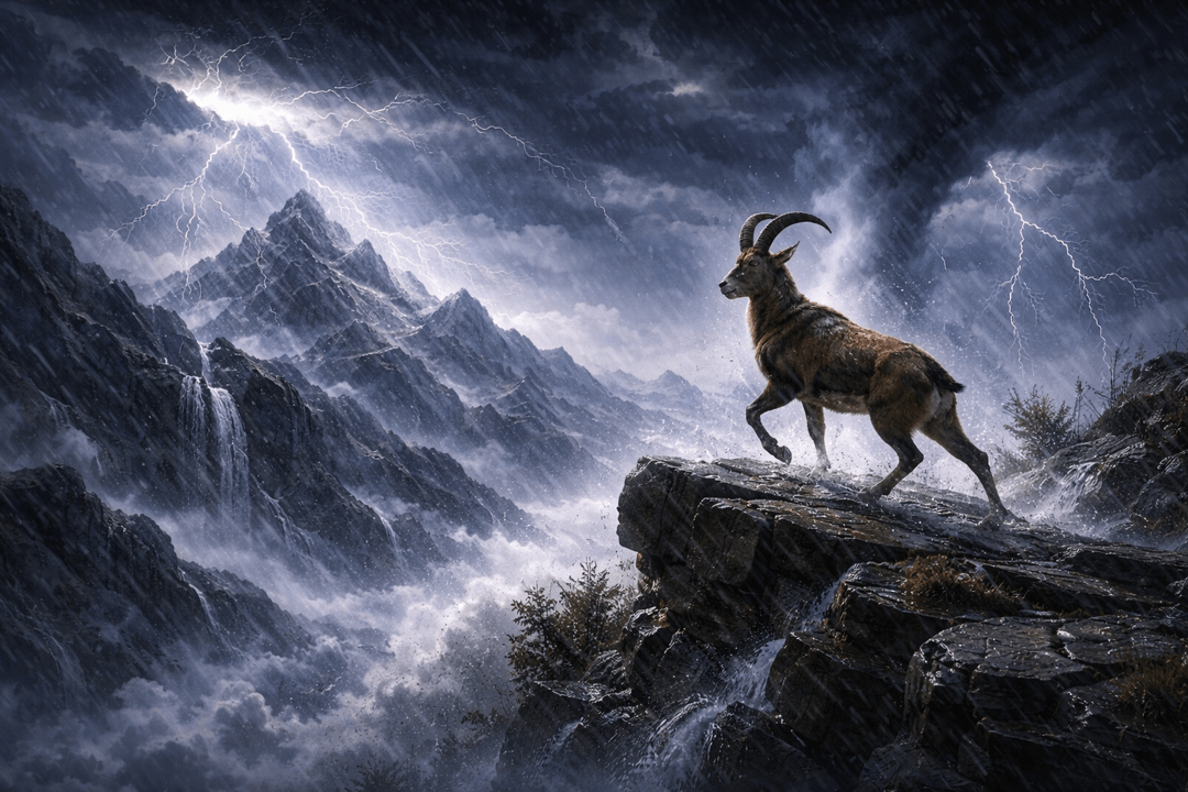 거센 폭풍 속에서도 균형을 잡고 버티는 영양의 모습이 위기 속 인내와 생존을 상징하는 이미지