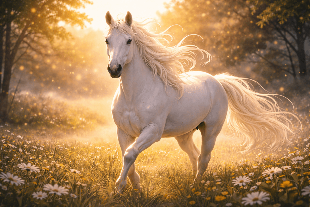 밝은 들판에서 우아한 흰 말이 서 있거나 달리는 모습을 멀리서 바라보는 상징적 이미지