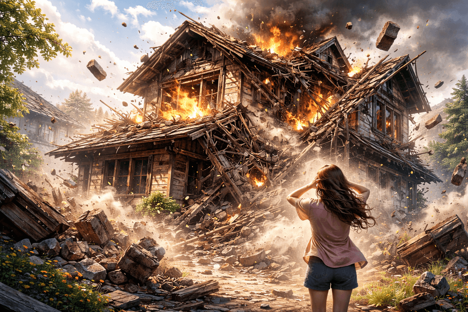 오래된 집이 붕괴되는 상징적 장면과 구조 변화 이미지