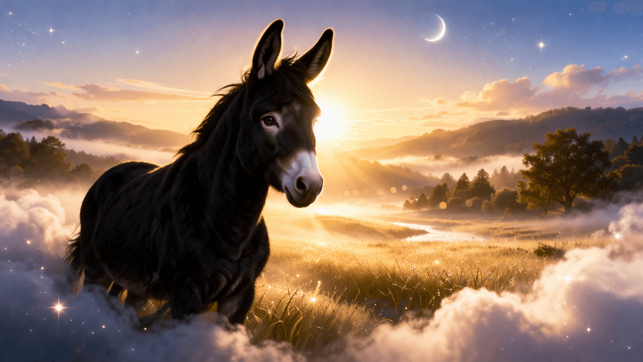 어두운 분위기 속에서 조용히 서 있는 검은 당나귀를 바라보는 상징적 장면