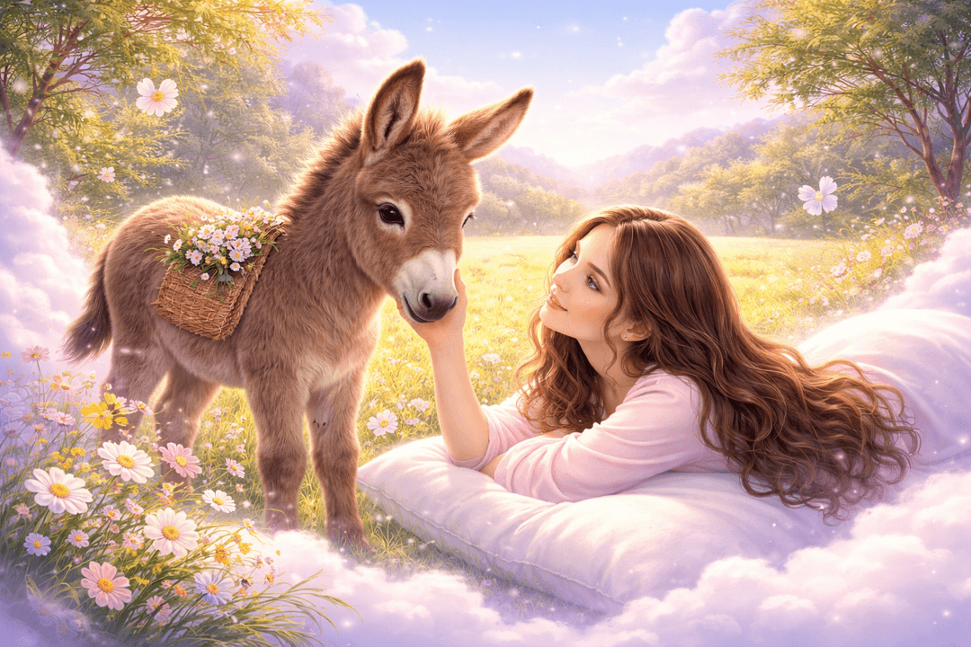 초원에서 작고 귀여운 새끼 당나귀를 바라보는 상징적 장면