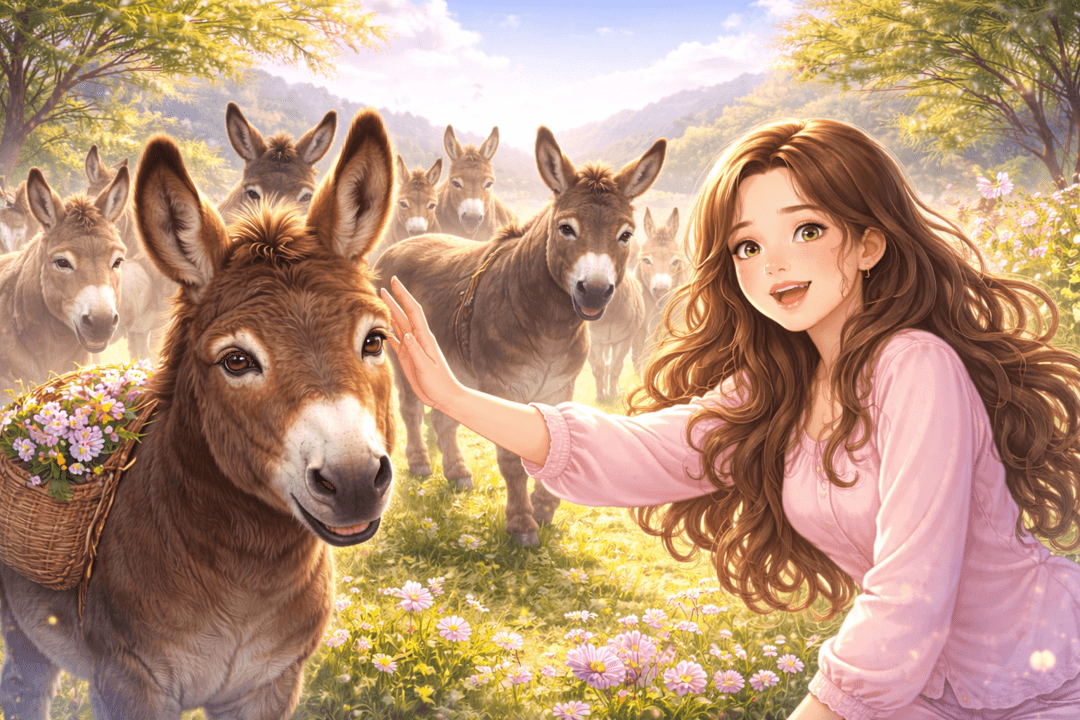 여러 마리의 당나귀 무리를 마주하는 장면