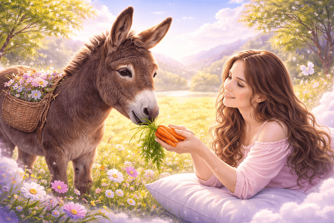 손으로 당나귀에게 먹이를 건네는 따뜻한 장면의 상징적 이미지