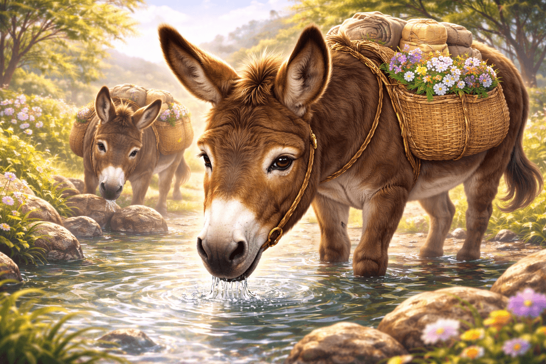 맑은 물을 마시는 당나귀의 शांत하고 안정된 모습