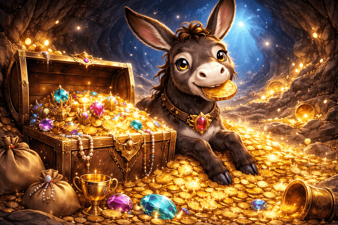 보물 앞에서 당나귀가 지키고 있는 상징적인 장면