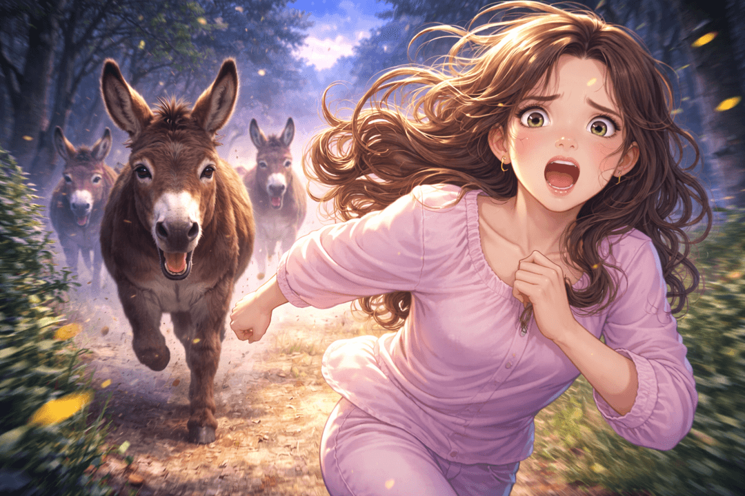 뒤에서 당나귀가 따라오고 있고 그로부터 도망치는 긴장감 있는 장면