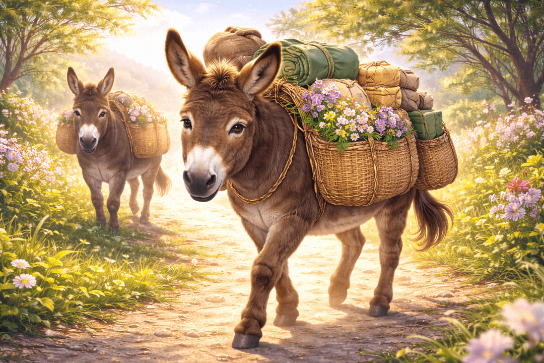 무거운 짐을 등에 지고 묵묵히 걷는 당나귀의 상징적 장면