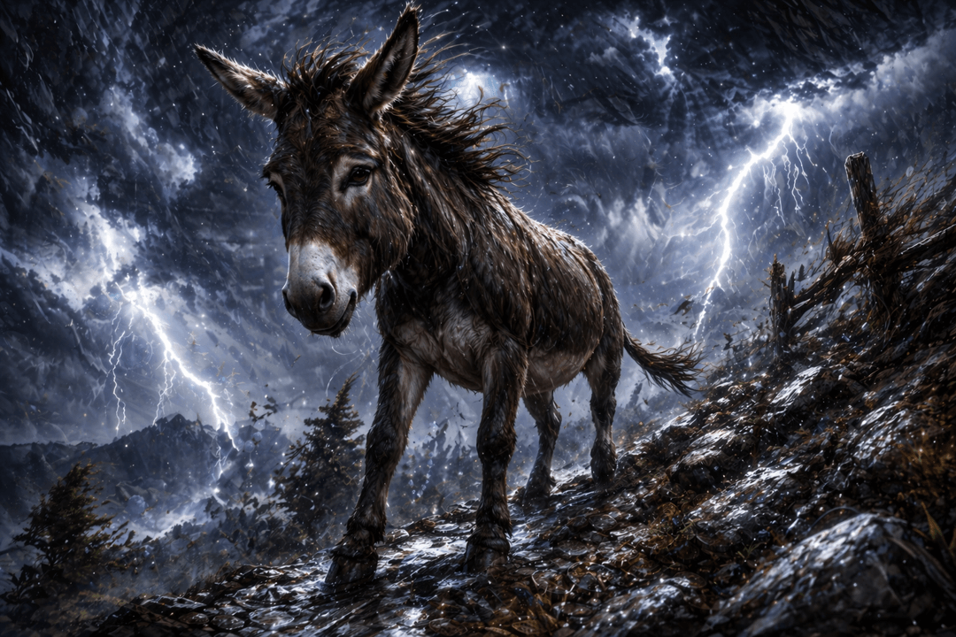 거센 폭풍 속에서도 버티고 서 있는 당나귀의 상징적 장면