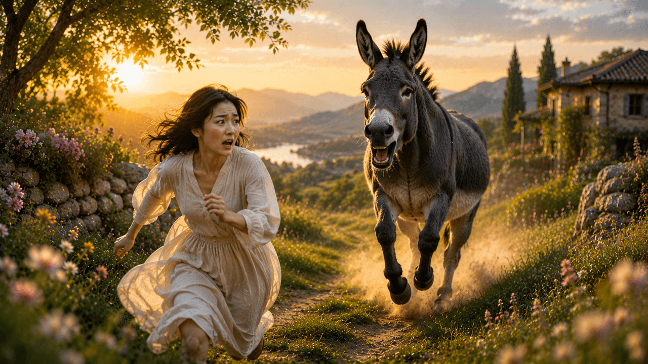노새가 빠르게 달려오며 사람을 뒤쫓는 상징적 장면 이미지